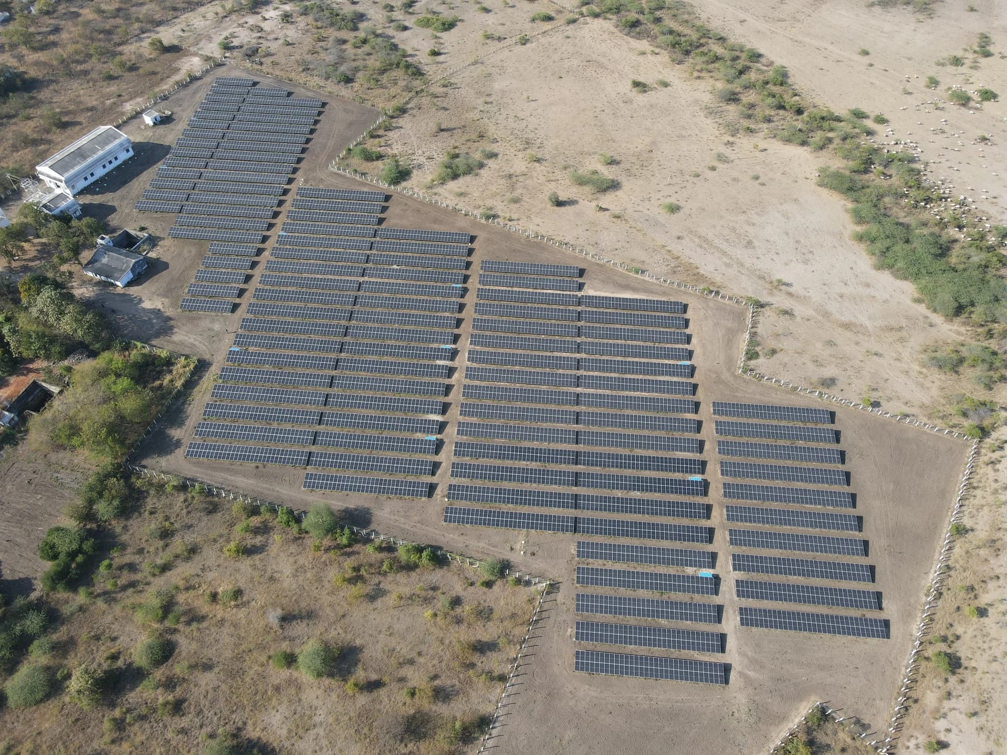 Aerial view of the ground-mounted solar installation at Vindhya Spinning Mills